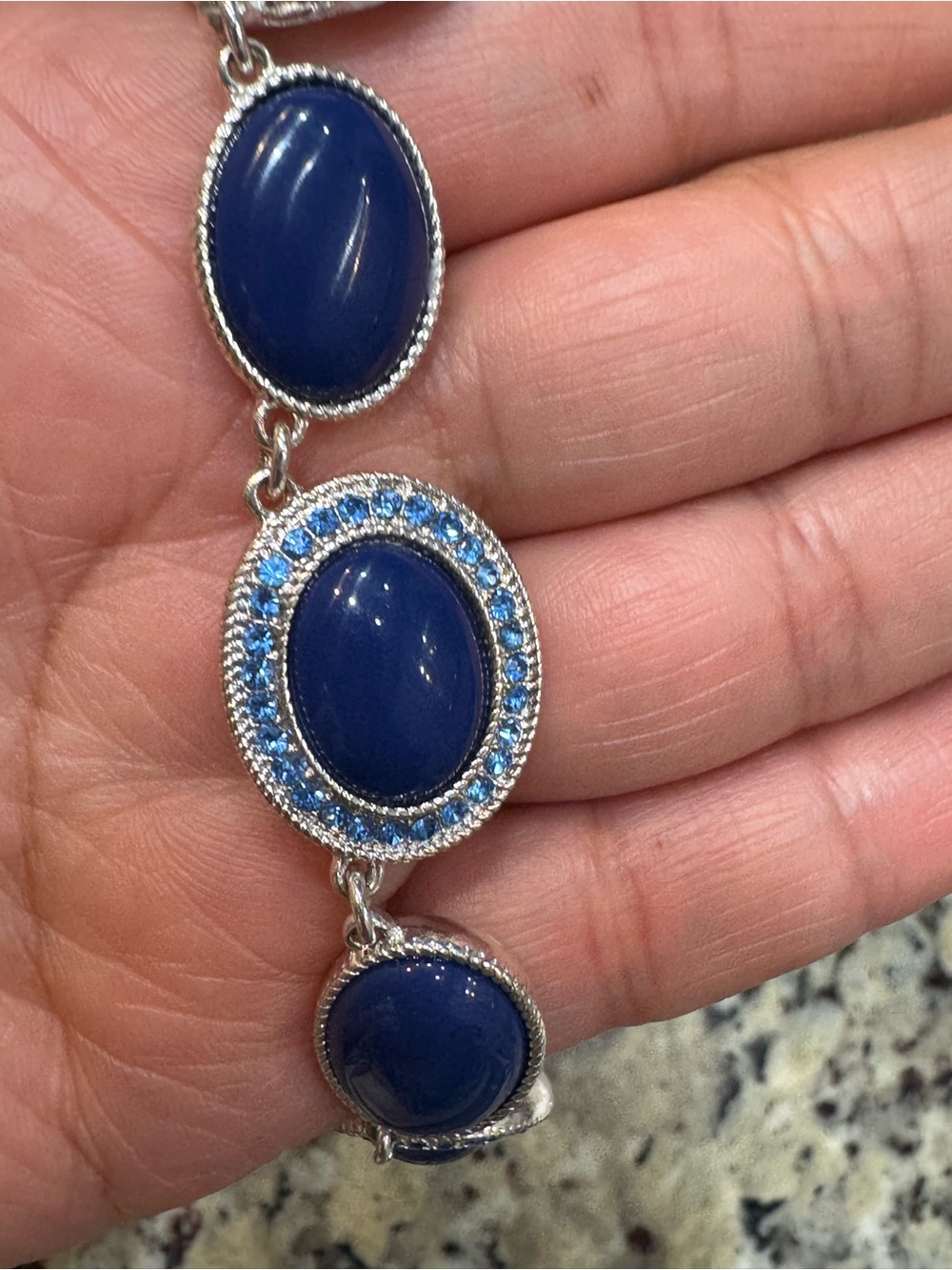 Vintage signed Marvella silverstone Navy blue Cabochon necklace